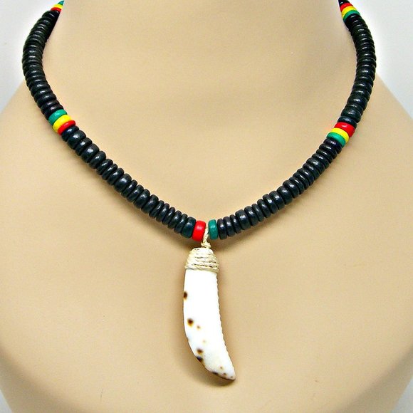Rasta Necklace with Shell Horn 8mm Beads 18" or 22" Unisex 7003 - Picture 1 of 5